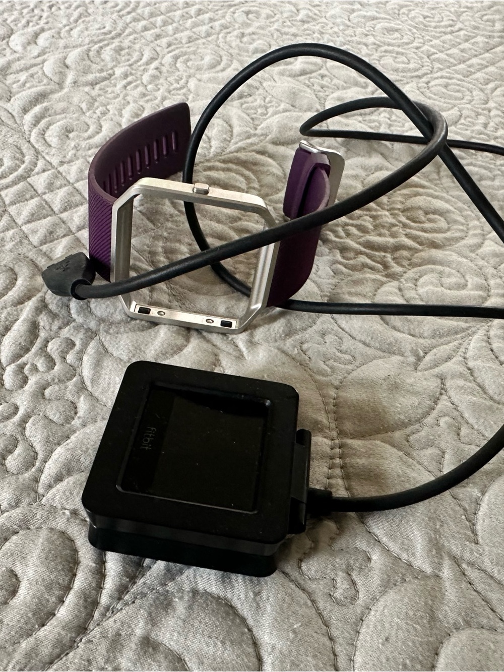 Fitbit Blaze with Purple Silicone Band and Black Charging Dock and Silver Frame